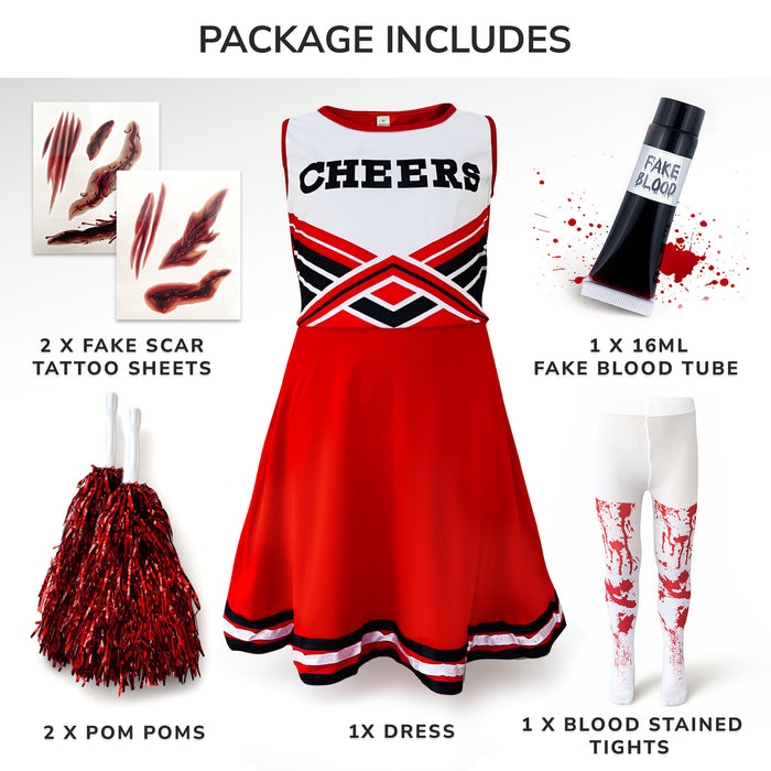 Childrens Kids Girls Zombie Cheerleader Red Fancy Dress Costume Tights and Fake Blood