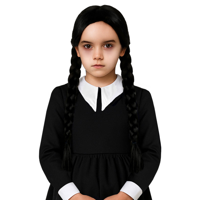 Childrens Kids Girls Scary Daughter Black Plaits Wig Gothic Family 6-12 Years