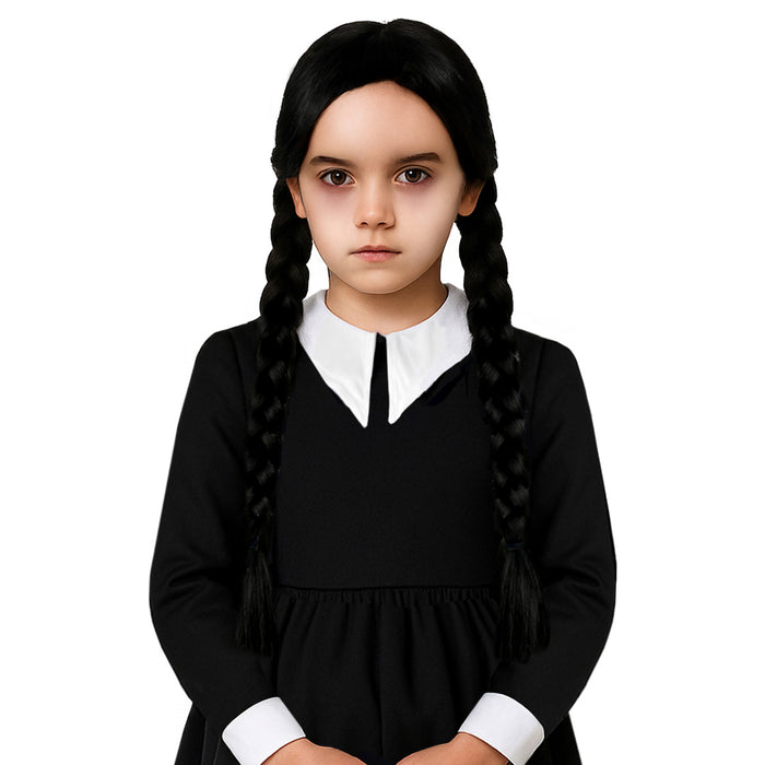 Childrens Kids Girls Scary Daughter Black Plaits Wig Gothic Family 6-12 Years