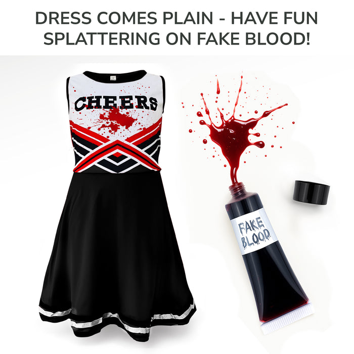 Childrens Kids Girls Zombie Cheerleader Black Fancy Dress Costume Tights and Fake Blood