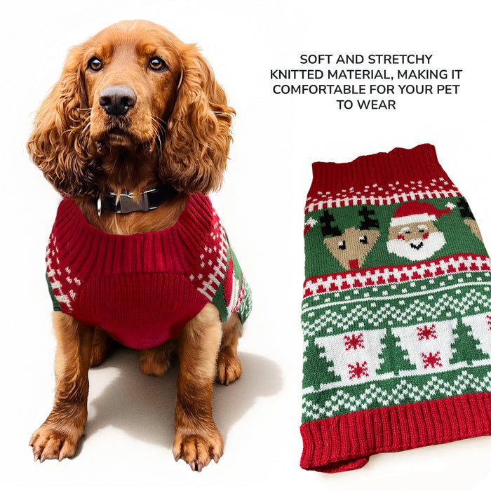 Christmas Dog Jumper Green and Red with Santa and Reindeer Winter Sweater Coat for All Breeds and Sizes