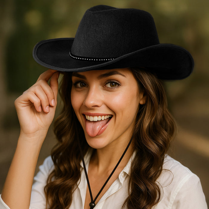 Cowboy Hats Pack of 2 Unisex Felt Western Hats – 1x Brown & 1x Black with Silver Dots & Trim Texas Texan Costume Accessories for Men, Women, Adults Wild West Fancy Dress Party