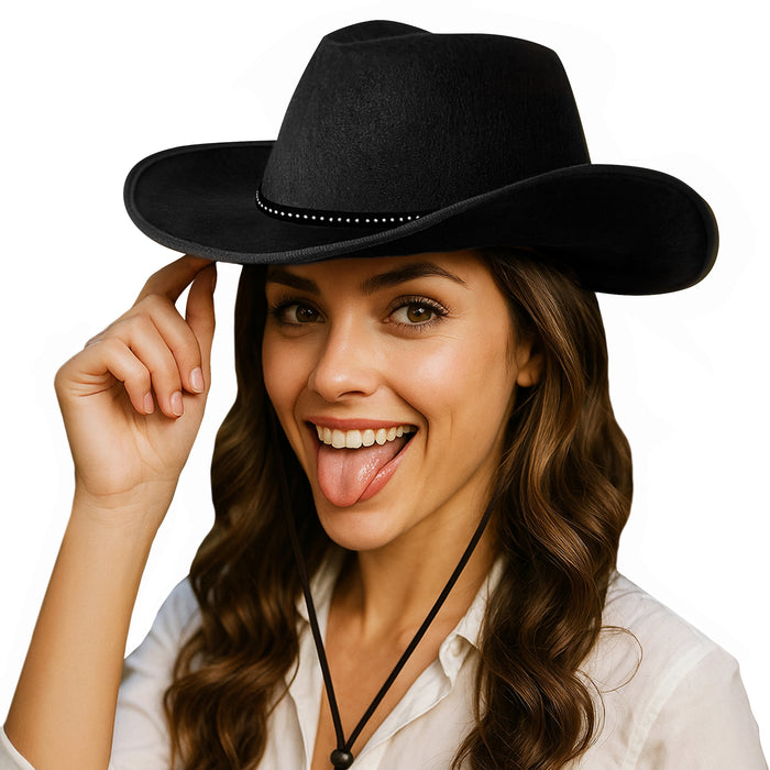 Cowboy Hat - Black with Silver Dots & Trim Texas Texan Costume Accessories for Men, Women, Adults Wild West Fancy Dress Party