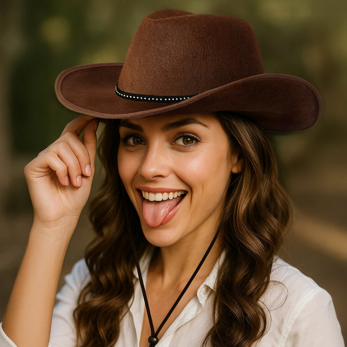 Cowboy Hats Pack of 2 Unisex Felt Western Hats – 1x Brown & 1x Black with Silver Dots & Trim Texas Texan Costume Accessories for Men, Women, Adults Wild West Fancy Dress Party
