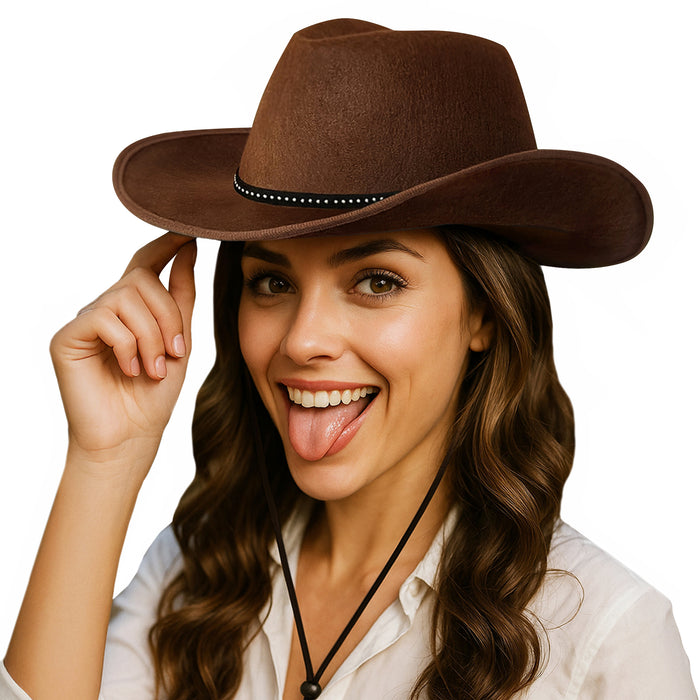 Cowboy Hat - Brown with Silver Dots & Trim Texas Texan Costume Accessories for Men, Women, Adults Wild West Fancy Dress Party