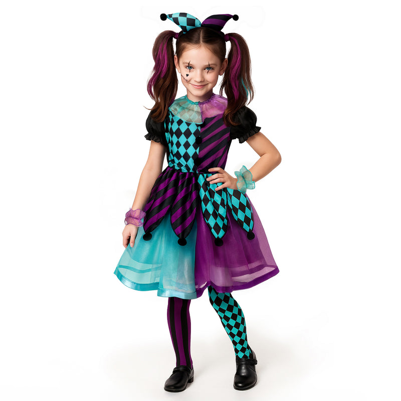 Childrens Kids Girls Blue and Purple Harlequin Clown Fancy Dress Costume