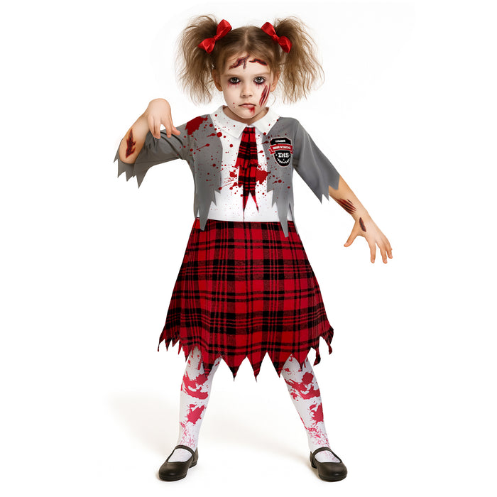 Childrens Kids Girls Zombie School Girl Fancy Dress Costume Blood and Tights.