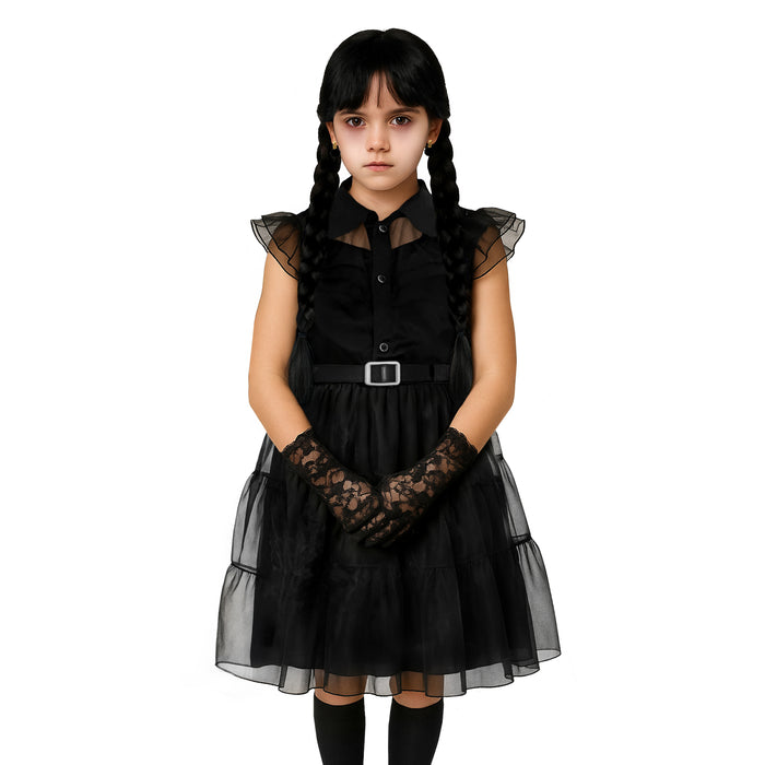 Childrens Kids Girls Scary Daughter Gothic Family Lace Dress Wig Earrings Socks Fancy Dress Costume 7-12 Years