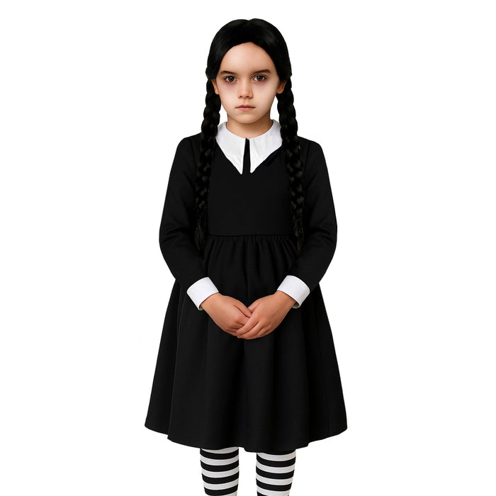Childrens Kids Girls Scary Daughter Gothic Family Fancy Dress Costume Tights and Wig 7-12 Years