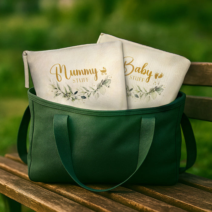 3pc Mum to Be Gifts Set Botanical Mummy & Baby Stuff Bags + Bracelet – Pregnancy Pamper Gift for Baby Shower