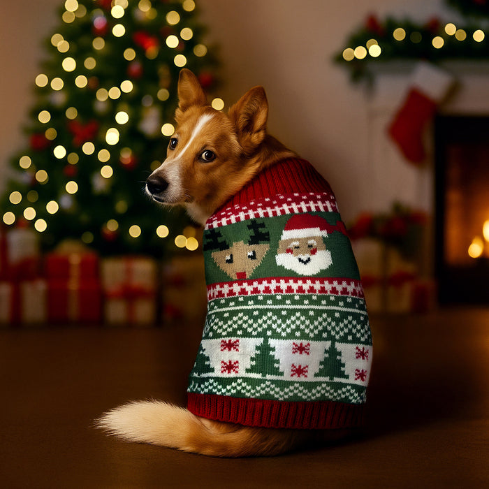 Christmas Dog Jumper Green and Red with Santa and Reindeer Winter Sweater Coat for All Breeds and Sizes