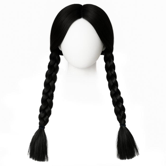 Childrens Kids Girls Scary Daughter Black Plaits Wig Gothic Family 6-12 Years