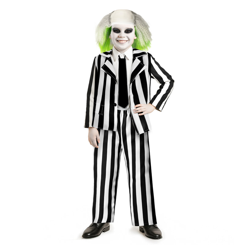 Childrens Kids Crazy Ghost Fancy Dress Costume, Wig & Paint Black White Striped 3-12 Years.