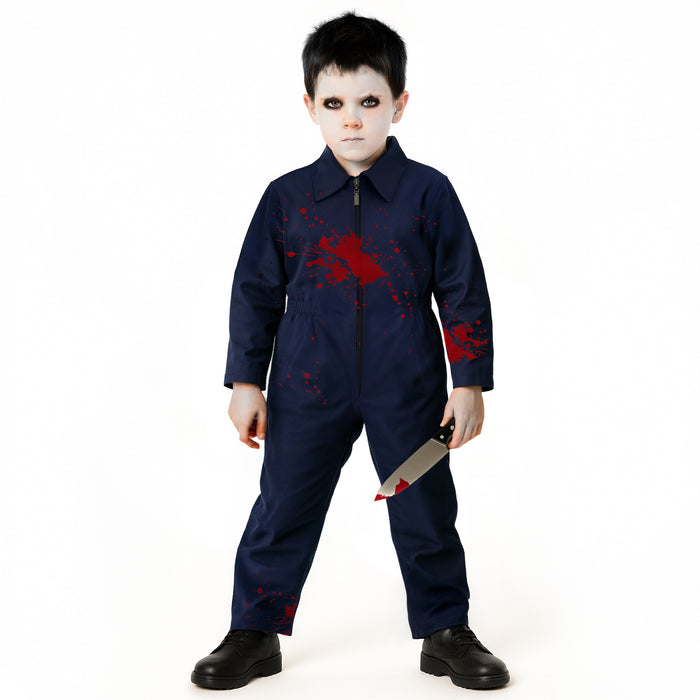 Childrens Kids Boys Girls Navy Boiler Suit, Fake Knife and Blood Fancy Dress Costume 4-12 Years