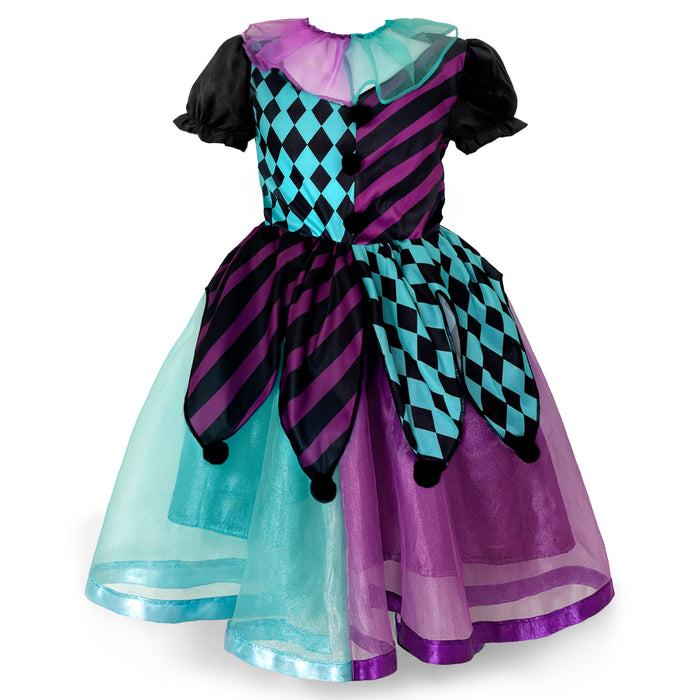 Childrens Kids Girls Blue and Purple Harlequin Clown Fancy Dress Costume