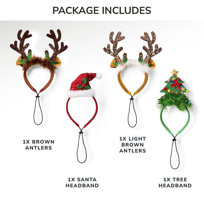 4 Pack Dog Christmas Headband - Small to Large Breeds Antlers Santa Reindeer