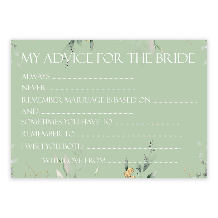 Pack of 24 Sage Green Botanical My Advice for the Bride to Be Cards Game Keepsake