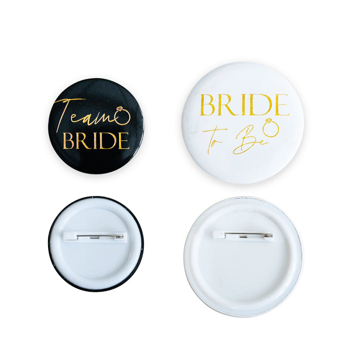 8 Black and Gold Team Bride Hen Party Badges and 1x White and Gold Bride to Be