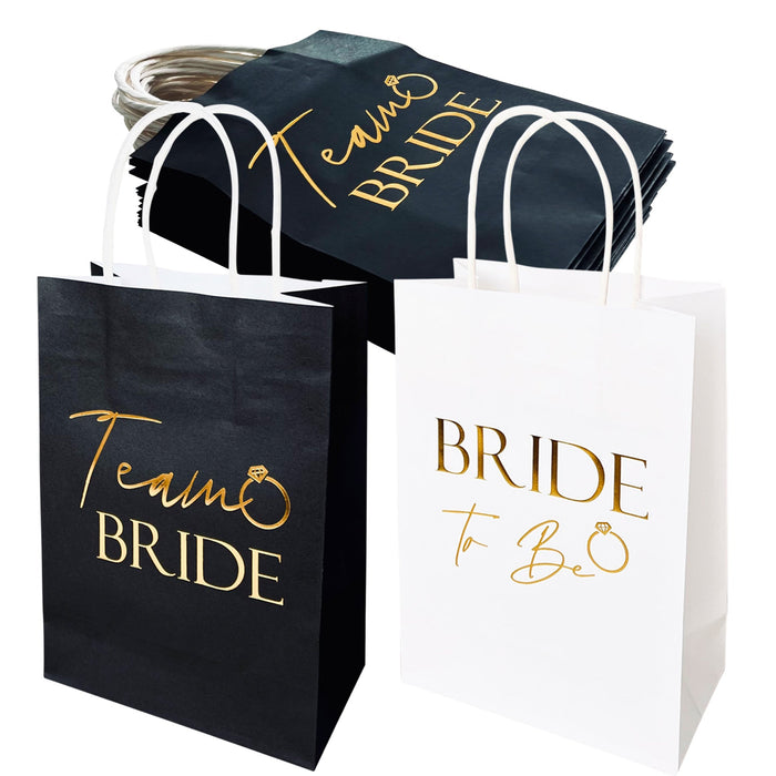 17 Pack Hen Party Bags (16x Team Bride 1x Bride to Be) Paper Bags Black and Gold Foil