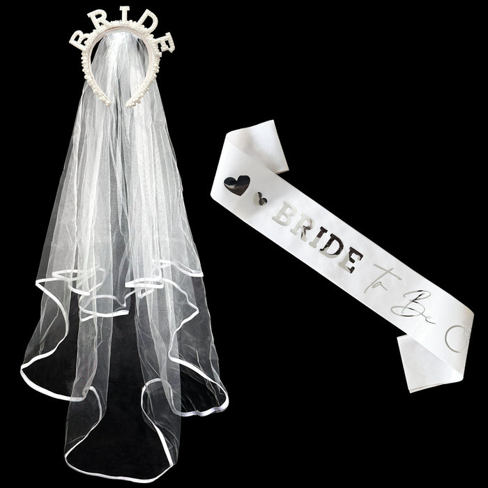 Pearl Sparkly Bride Tiara and Attached 2 Layer Veil and Bride to Be Sash