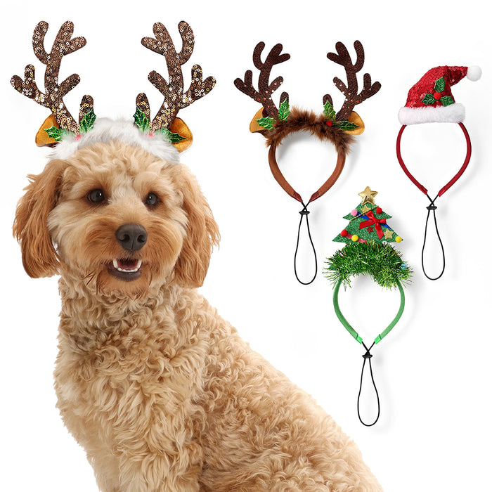 4 Pack Dog Christmas Headband - Small to Large Breeds Antlers Santa Reindeer