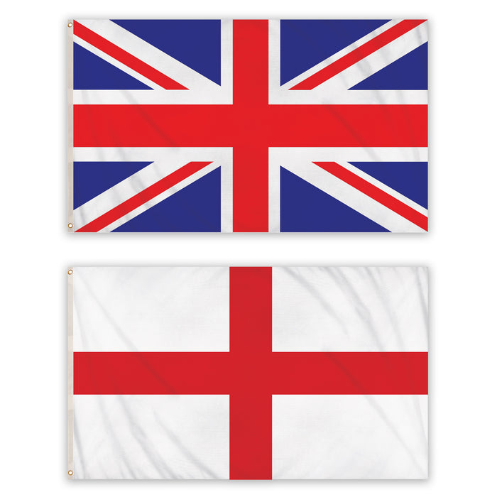 1x Union Jack & 1x St George England Large Flag 5ft x 3ft 100% Polyester with Metal Eyelets