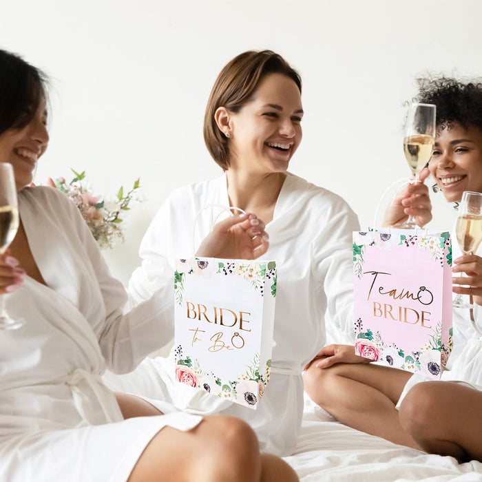 17 Pack Hen Party Bags (16x Team Bride 1x Bride to Be) Paper Bags Light Pink Floral with Rose Gold Foil Text