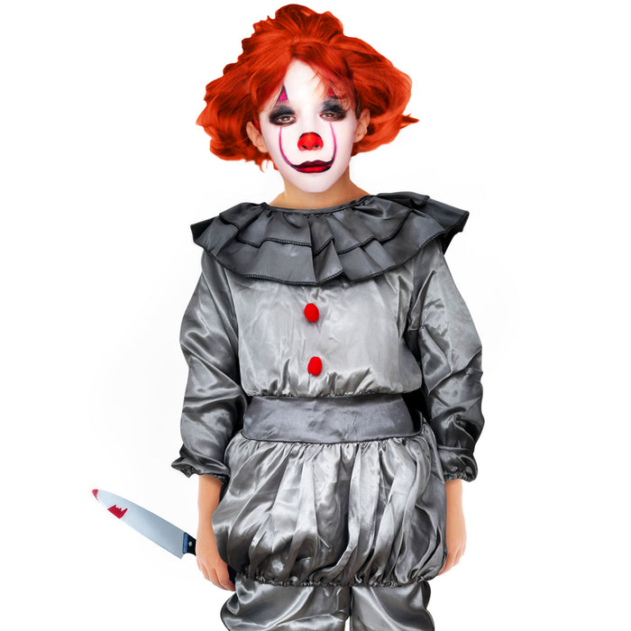 Childrens Kids Boys Girls Grey Killer Clown Fancy Dress Costume, Fake Knife and Make Up