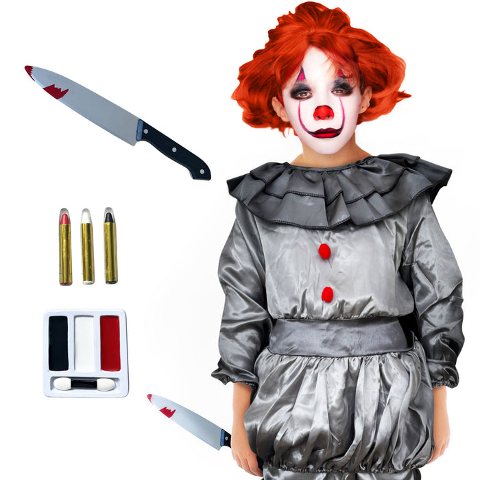 Childrens Kids Boys Girls Grey Killer Clown Fancy Dress Costume, Fake Knife and Make Up