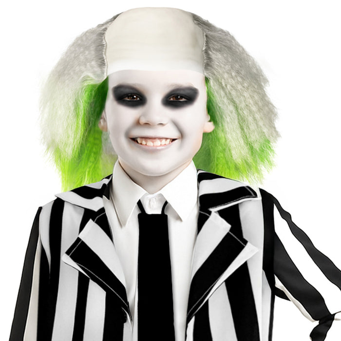 Childrens Kids Crazy Ghost Bald Wig White and Green and Make Up Halloween
