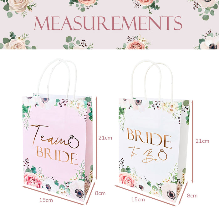17 Pack Hen Party Bags (16x Team Bride 1x Bride to Be) Paper Bags Light Pink Floral with Rose Gold Foil Text