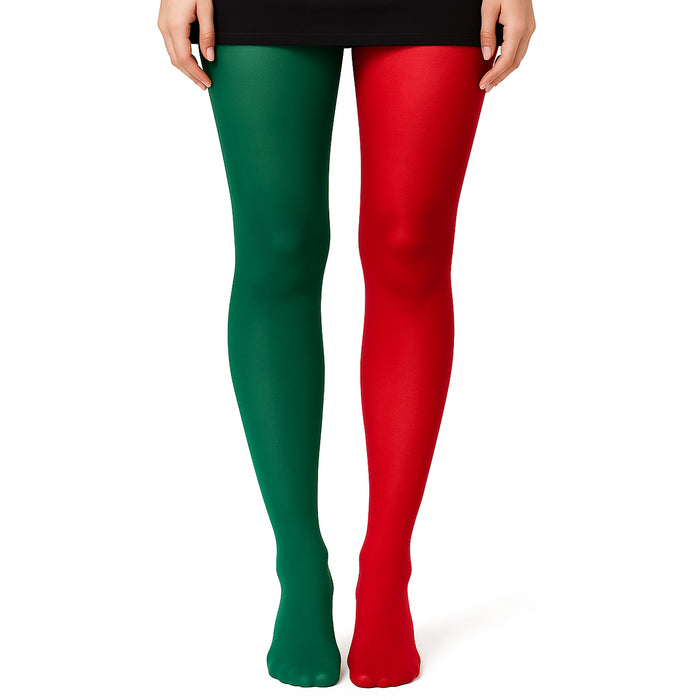 Ladies 1 leg Red and 1 Leg Green Tights Elf Christmas Fancy Dress