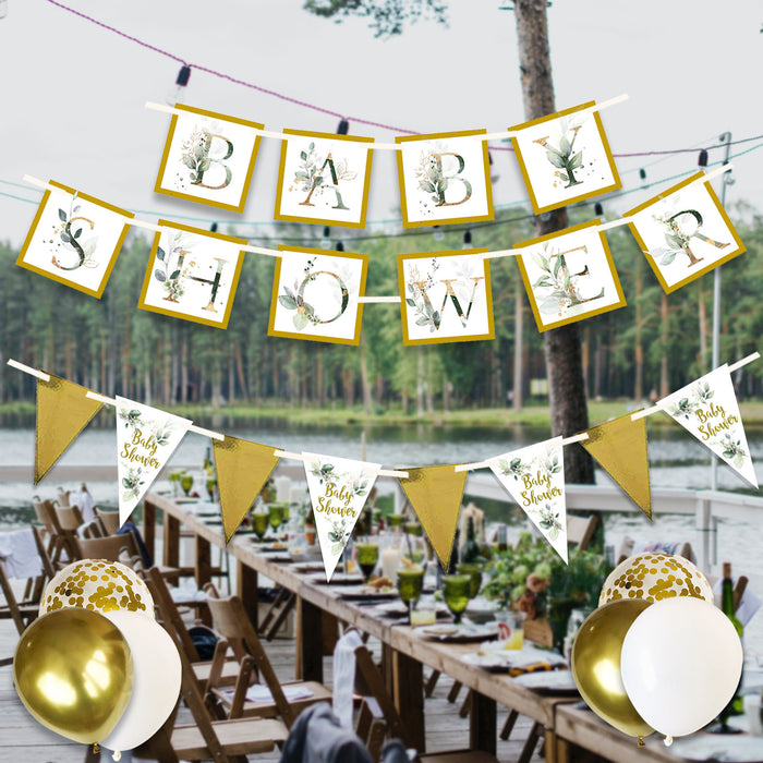 25 Piece Botanical Floral Gold Baby Shower Decorations Set Balloons Bunting Banner Sash Advice and Predictions Neutral