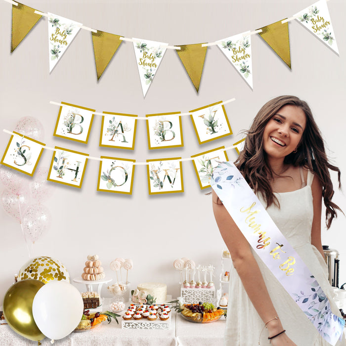 25 Piece Botanical Floral Gold Baby Shower Decorations Set Balloons Bunting Banner Sash Advice and Predictions Neutral