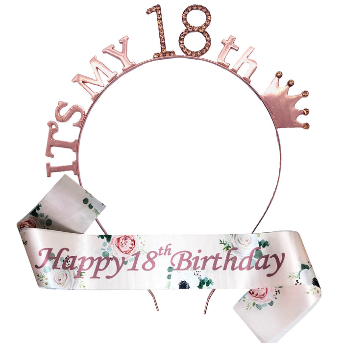 Floral Rose Gold Birthday Tiara and Sash Set