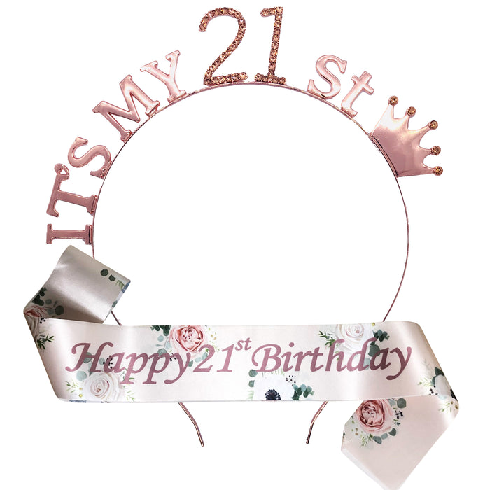 Floral Rose Gold Birthday Tiara and Sash Set